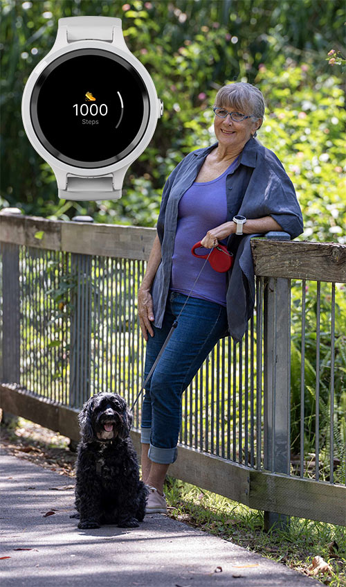 lady counting steps with her live life alarm watch