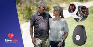 senior man and lady wearing Live Life Alarm pendants and watches outdoors