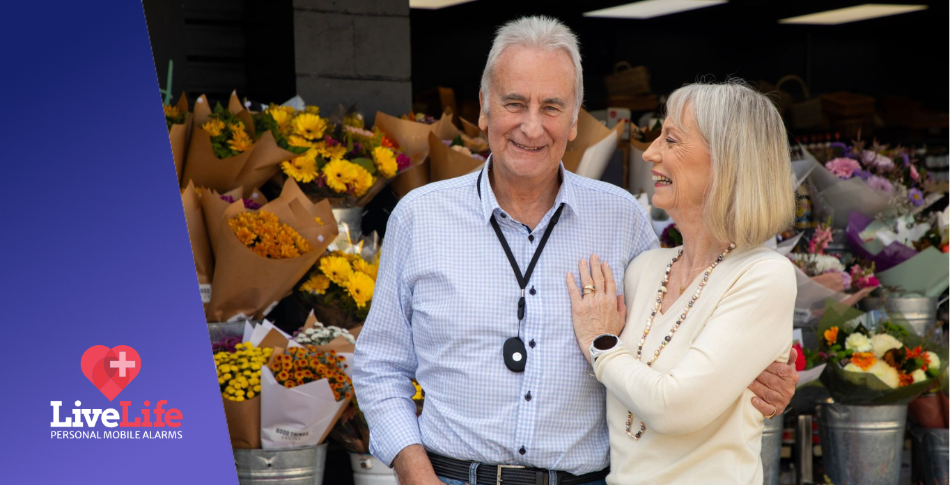 couple with a man with dementia using livelife alarms falls alarm pendant