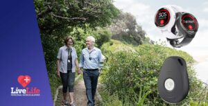 senior lady and man wearing a live life alarm emergency pendant